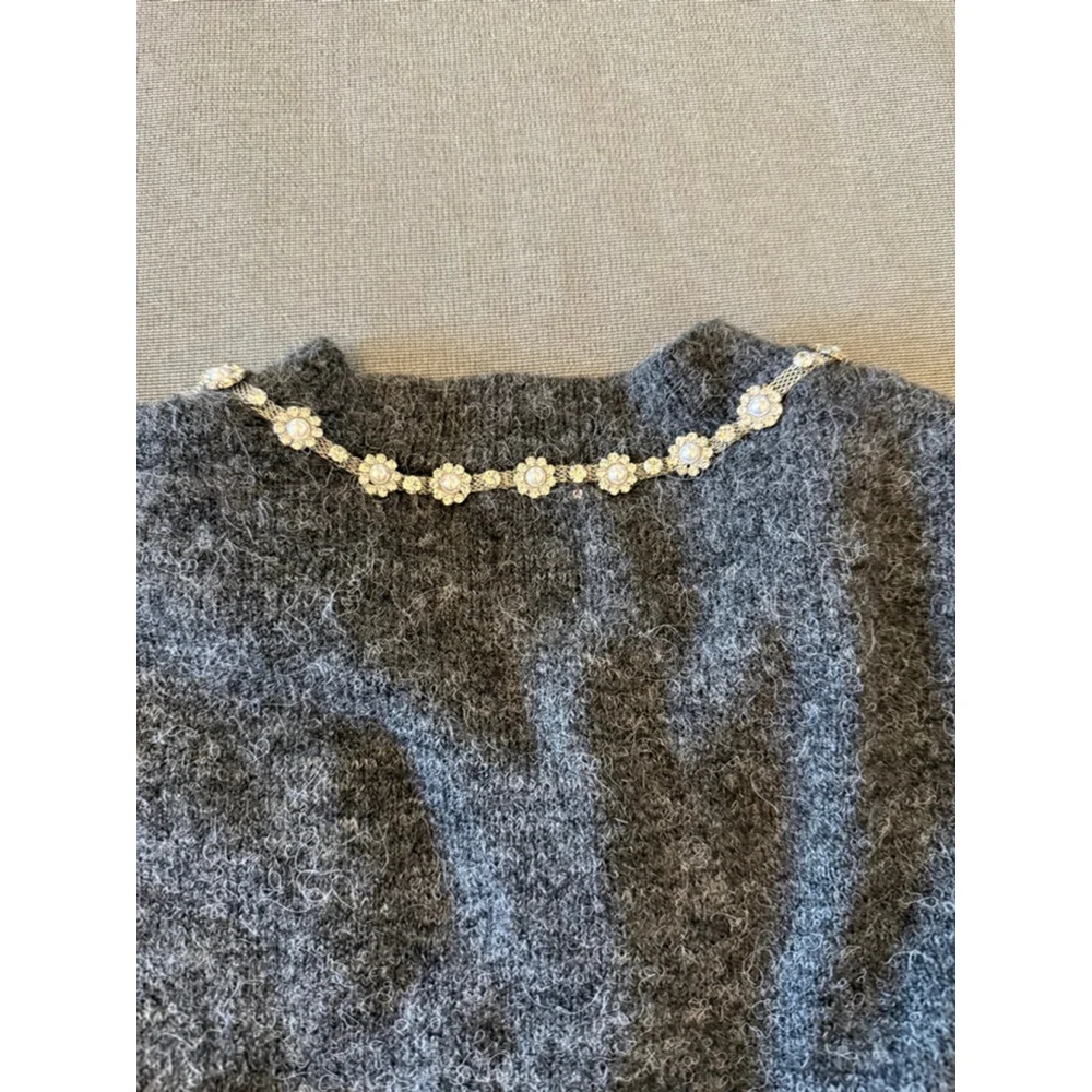Maeve by Anthropologie embellished crew-neck cardigan sweater gray XS
